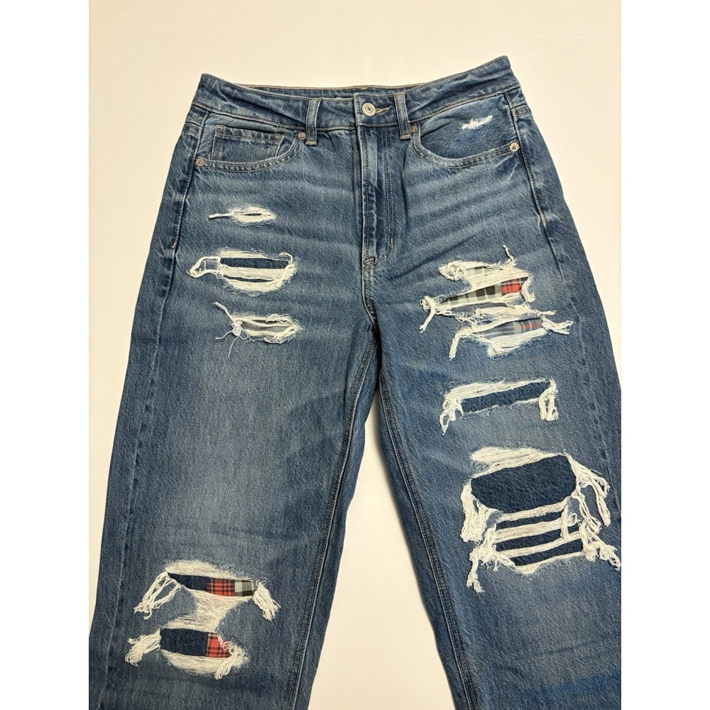 American Eagle Outfitters Distressed Jeans Plaid Flannel Patch Size 6 High Rise